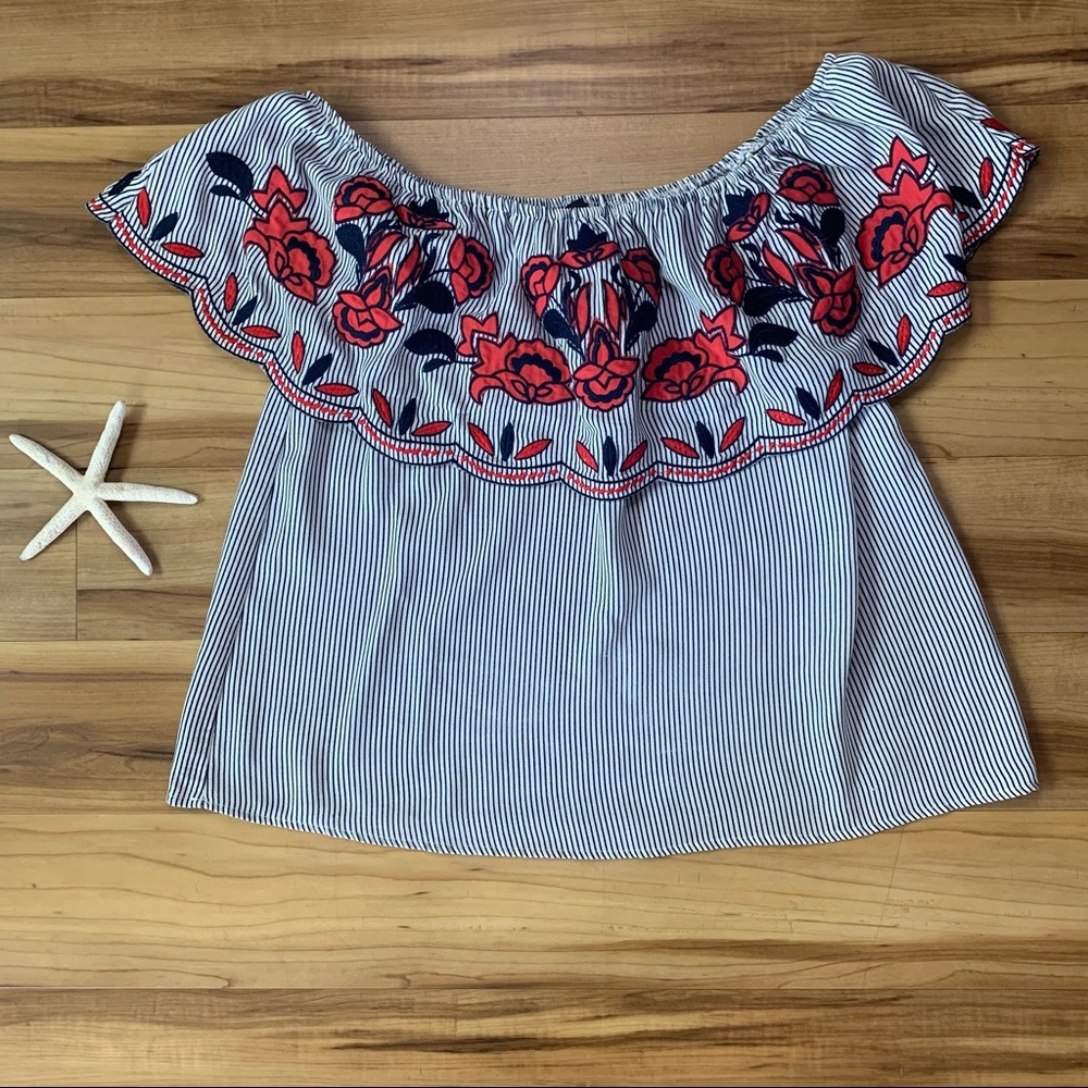 Sugar + Lips Women’s Embroidered Off-Shoulder Ruffle Top, Size Large